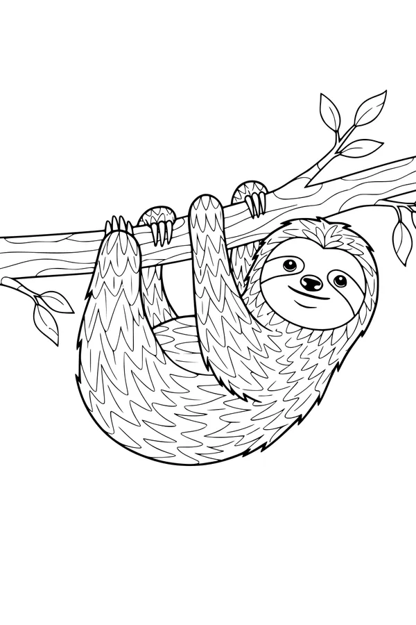 Free Sloth Coloring Page - Smiling Sloth Hanging From Jungle Tree (Printable PDF)