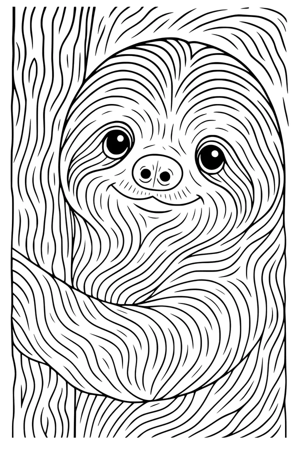 Free Sloth Coloring Page - Smiling Sloth Hugging a Tree (Printable PDF)
