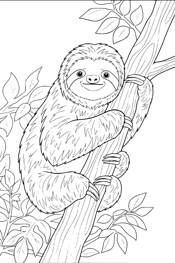 Free Sloth Coloring Page - Smiling Sloth Hugging a Tree (Printable PDF)