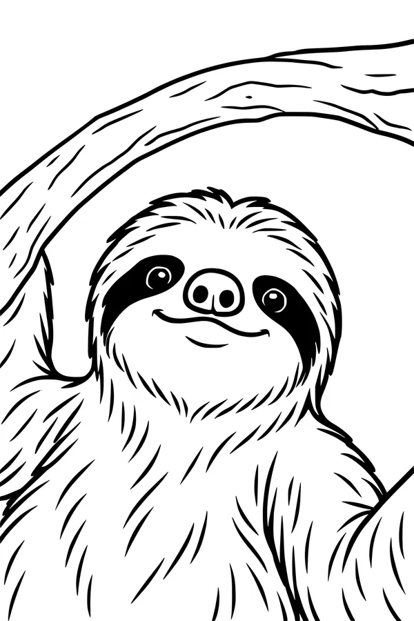 Free Sloth Coloring Page - Smiling Sloth on Tree Branch (Printable PDF)