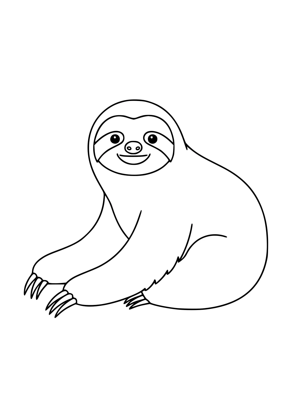 Smiling sloth with long arms and curved claws sitting upright on blank background.