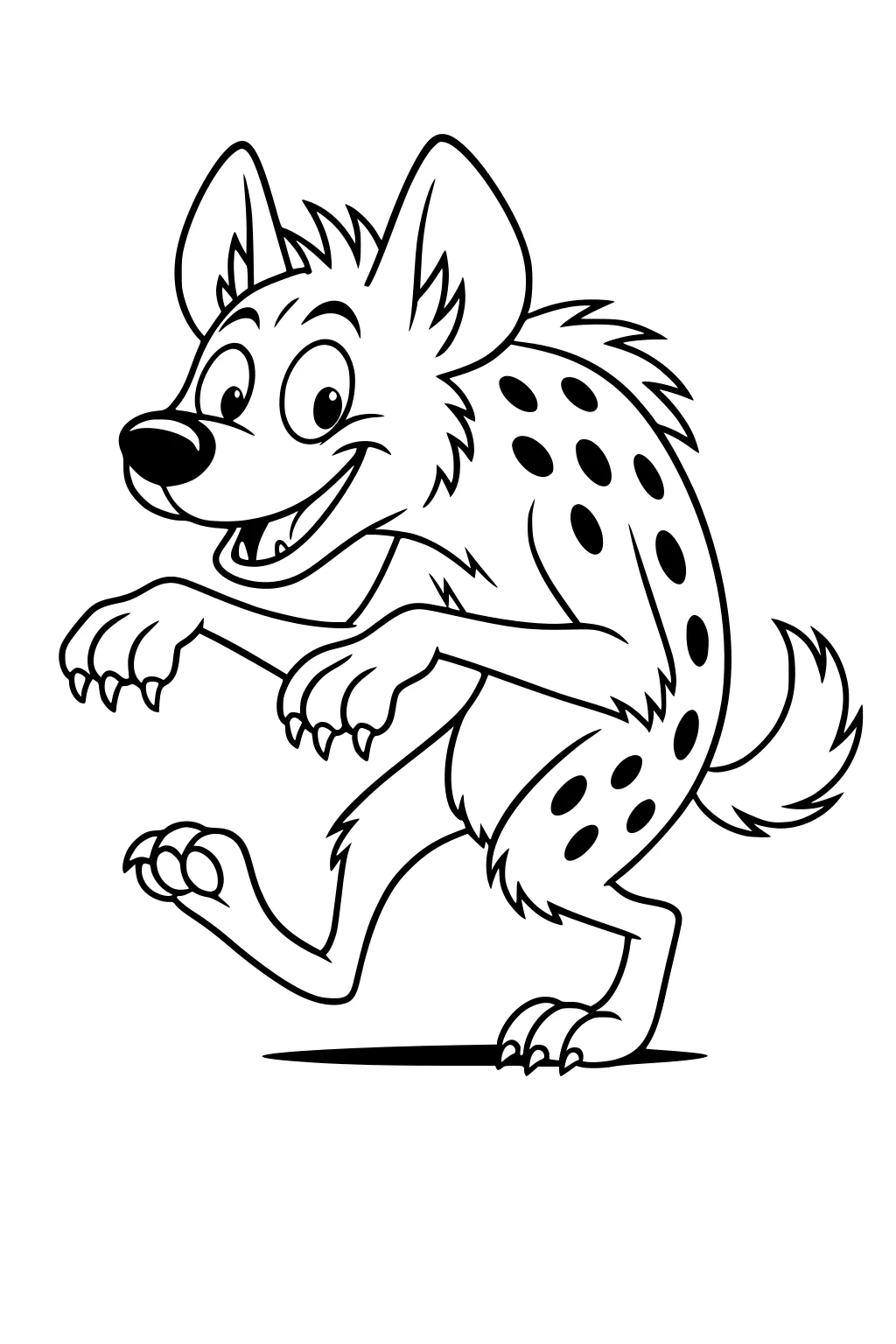 Cartoon hyena with big ears, spotted fur, fluffy tail, and a wide smile, standing on two legs with front paws raised.