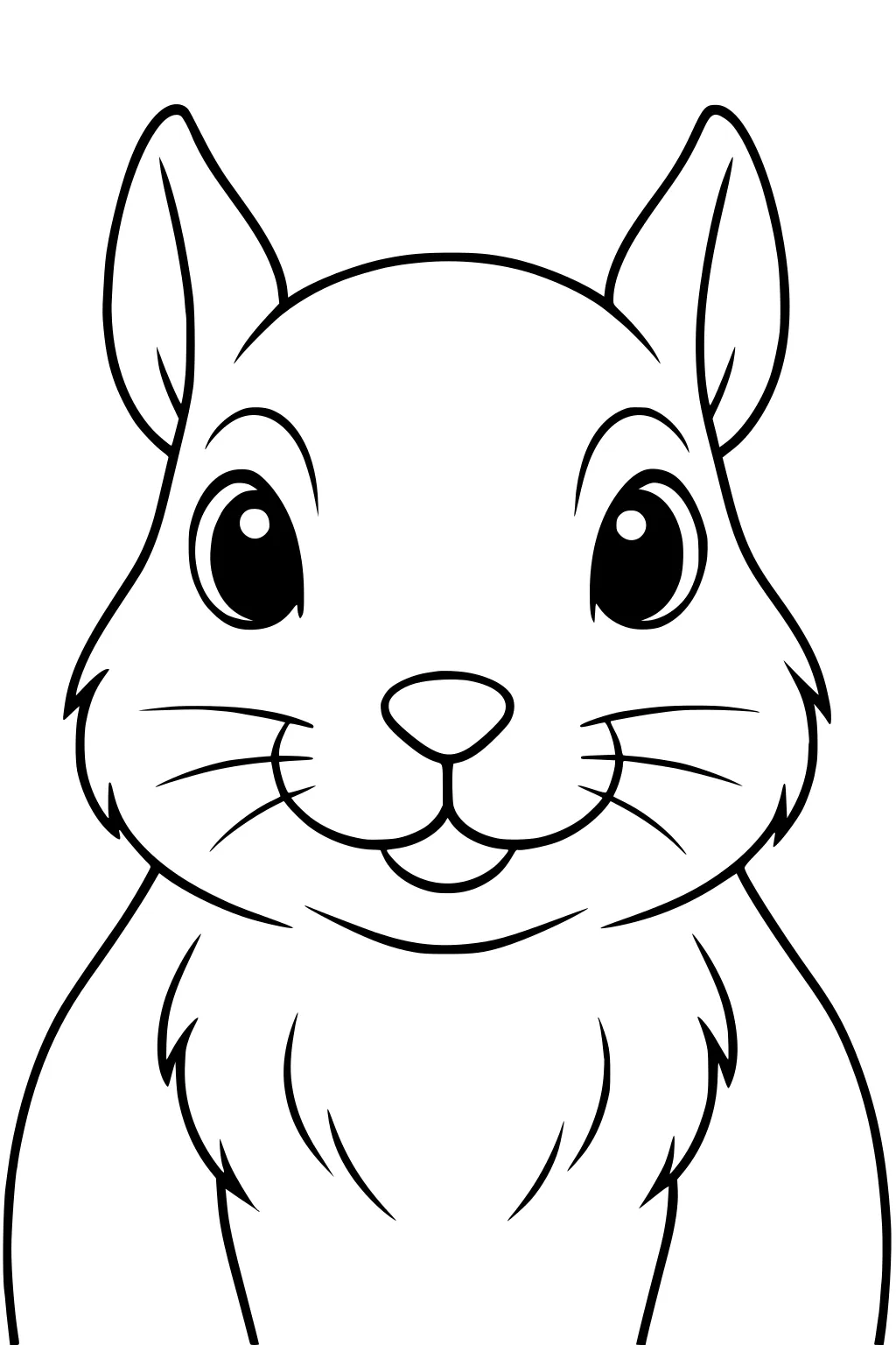 Cartoon squirrel face with big round eyes, pointy ears, and soft furry cheeks in a simple outlined drawing.
