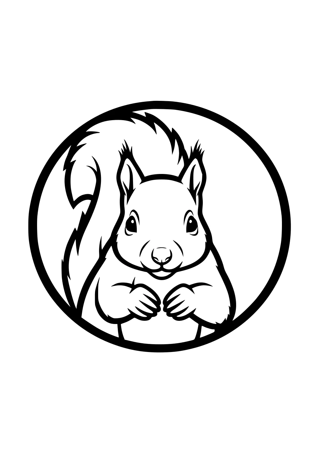 Outlined squirrel with bushy tail and paws together inside a circular border.