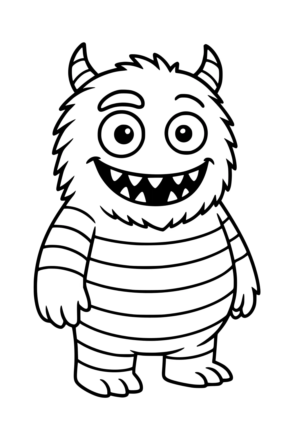 Cartoon monster with shaggy head, two striped horns, big round eyes, toothy smile, and a striped body standing upright.