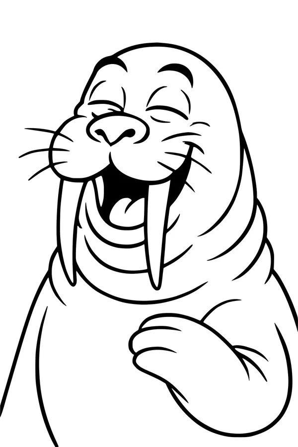Free Walrus Coloring Page - Laughing Cartoon Walrus With Big Tusks (Printable PDF)
