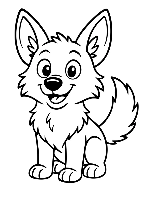 Free Wolf Pup Coloring Page - Smiling Cartoon With Fluffy Tail (Printable PDF)
