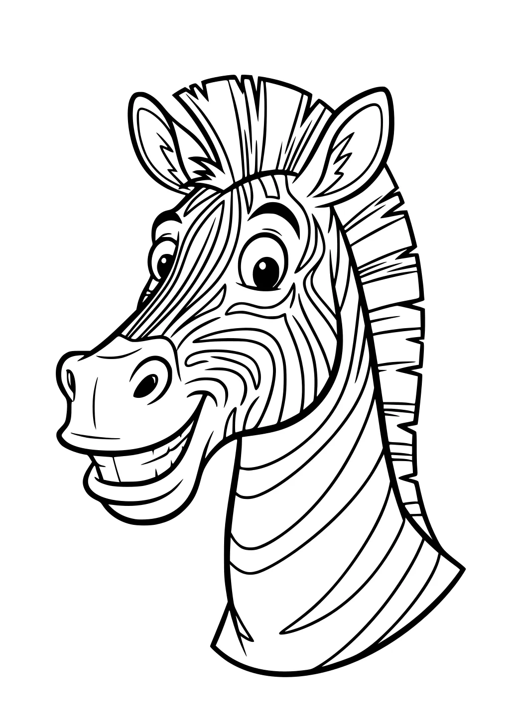Smiling cartoon zebra portrait with bold stripes, big round eyes, short mohawk mane, and puffy clouds in the background.