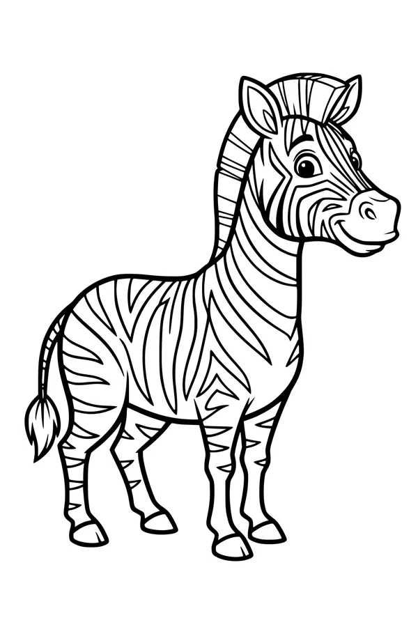 Free Zebra Coloring Page - Smiling Cartoon Zebra in Sunny Plains (Printable PDF)
