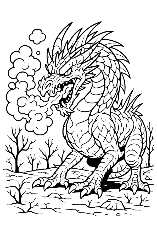 Free Dragon Coloring Page - Spiky Dragon Breathing Smoke (Printable PDF)