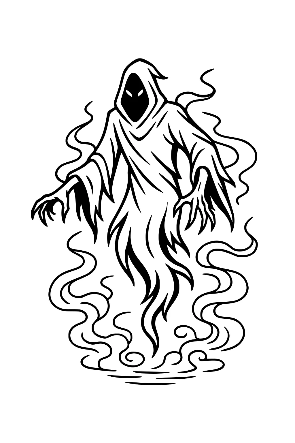 Hooded demon spirit with blank face and slit eyes floats above swirling smoke, tattered robe and clawed hands, black line art.