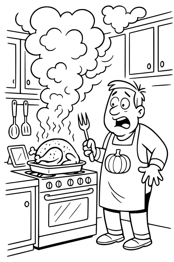 Free Thanksgiving Turkey Coloring Page - Smoky Kitchen Cooking Scene (Printable PDF)
