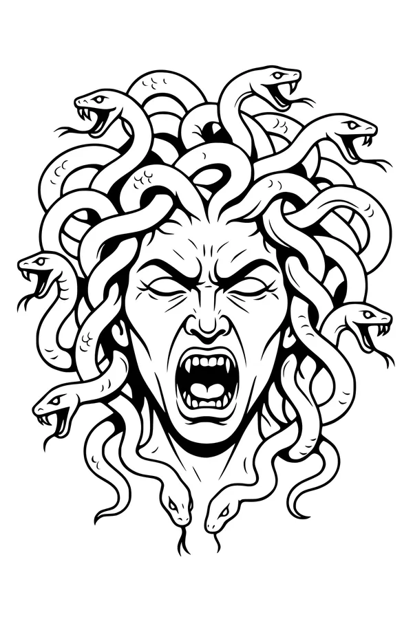 Free Medusa Gorgon Coloring Page - Roaring Snake-Hair Queen (Printable PDF)