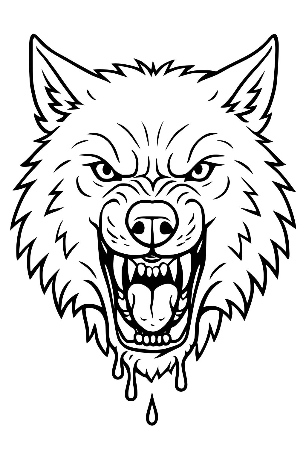 Outlined snarling wolf head with open mouth, sharp fangs, pointed ears, fur spikes, tongue out, and drool dripping beneath.