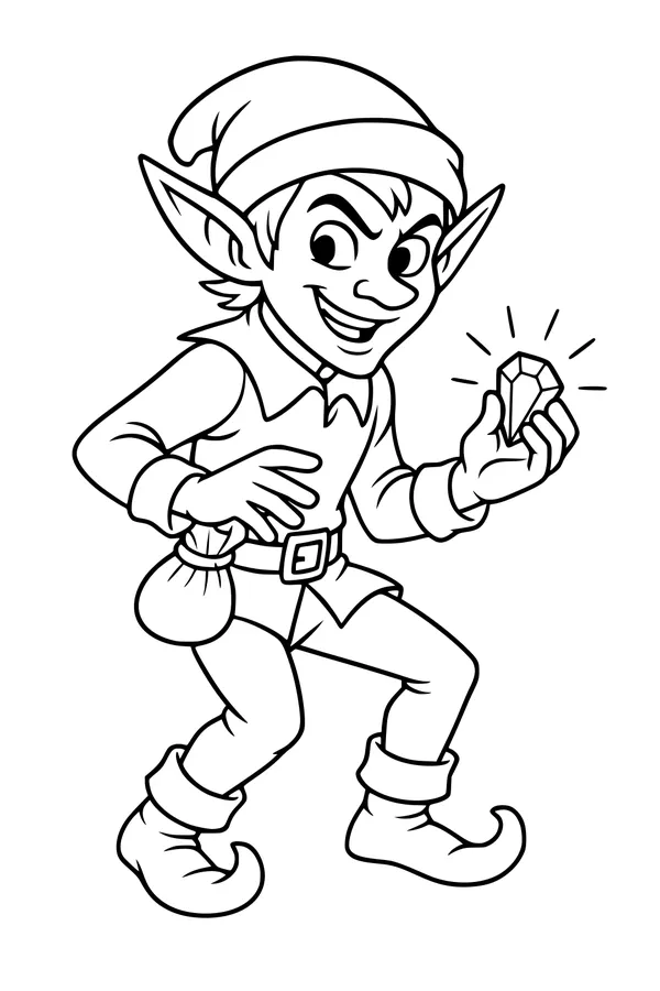 Free Elf Coloring Page - Mischievous Boy With Shiny Crystal (Printable PDF)