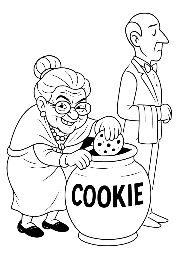 Free Grandma Coloring Page - Sneaky Cookie Jar Mischief (Printable PDF)