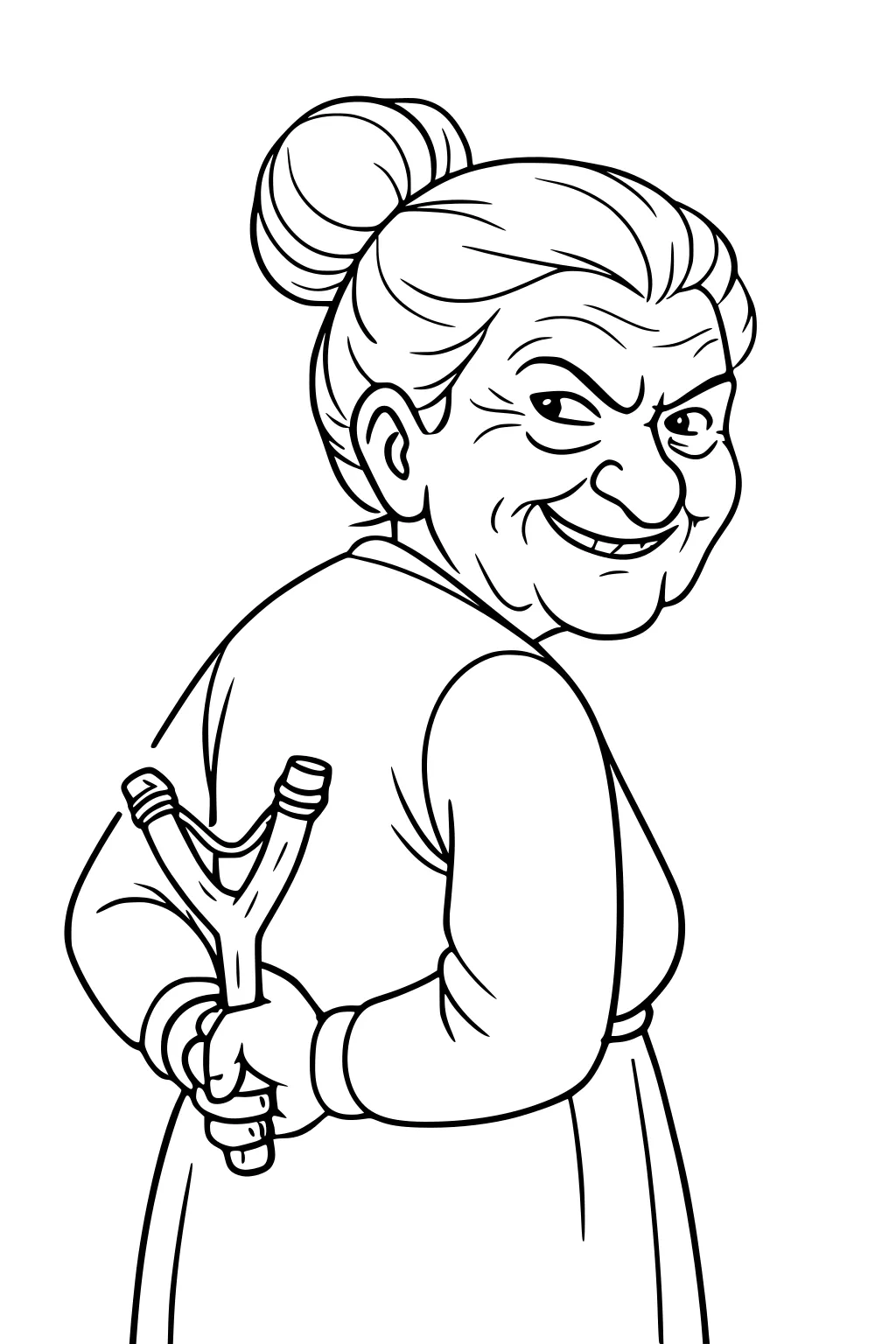 Smiling grandmother with bun looks back while hiding a wooden slingshot behind her back; bold line art, no background.