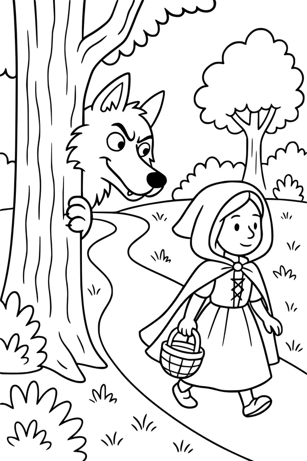 Free Wolf Coloring Page - Fairy Tale Forest Encounter (Printable PDF)
