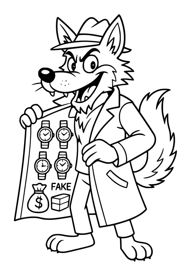 Free Wolf Coloring Page - Sneaky Street Vendor in Trench Coat (Printable PDF)