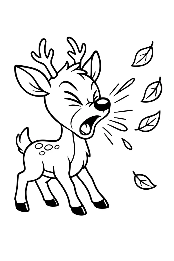 Free Deer Coloring Page - Sneezy Young Fawn in Autumn Leaves (Printable PDF)