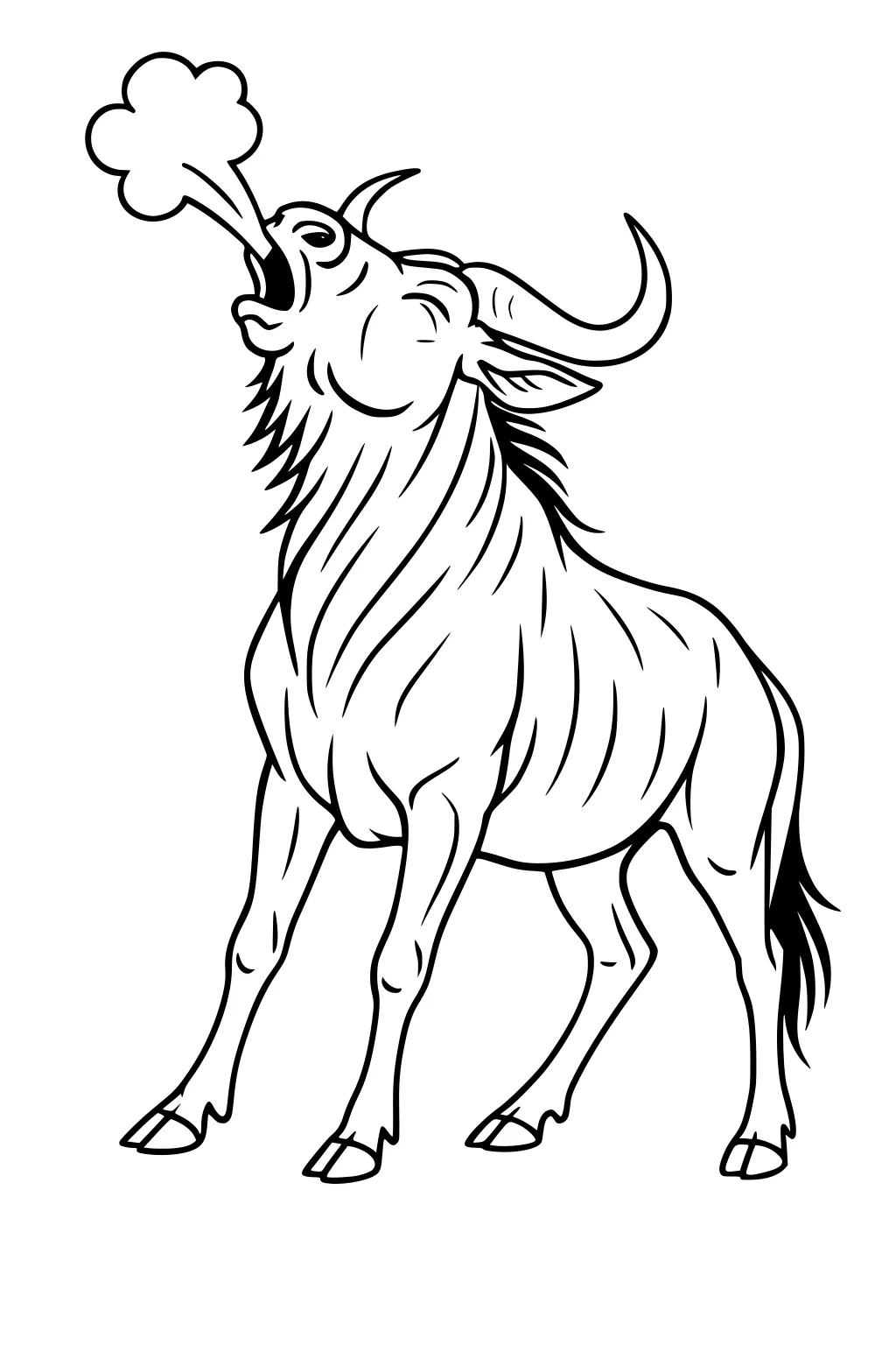 Outline of a wildebeest raising its head and snorting a puff of breath, with curved horns, shaggy mane, sturdy legs, and tail.