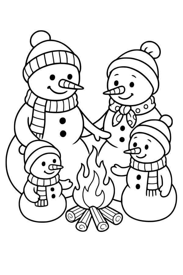 Free Snowman Family Coloring Page - Cozy Campfire Gathering (Printable PDF)