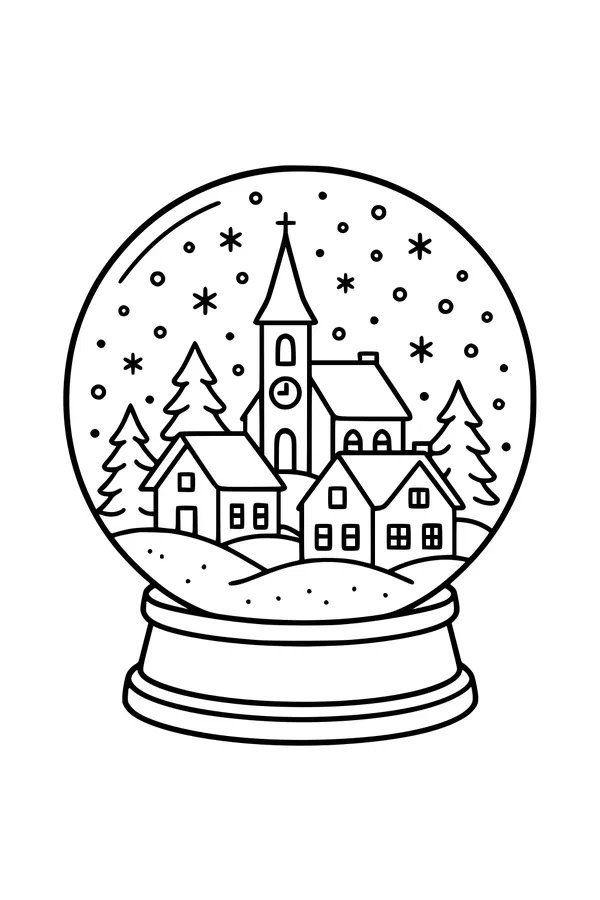 Free Snow Globe Coloring Page - Cozy Christmas Village Scene (Printable PDF)