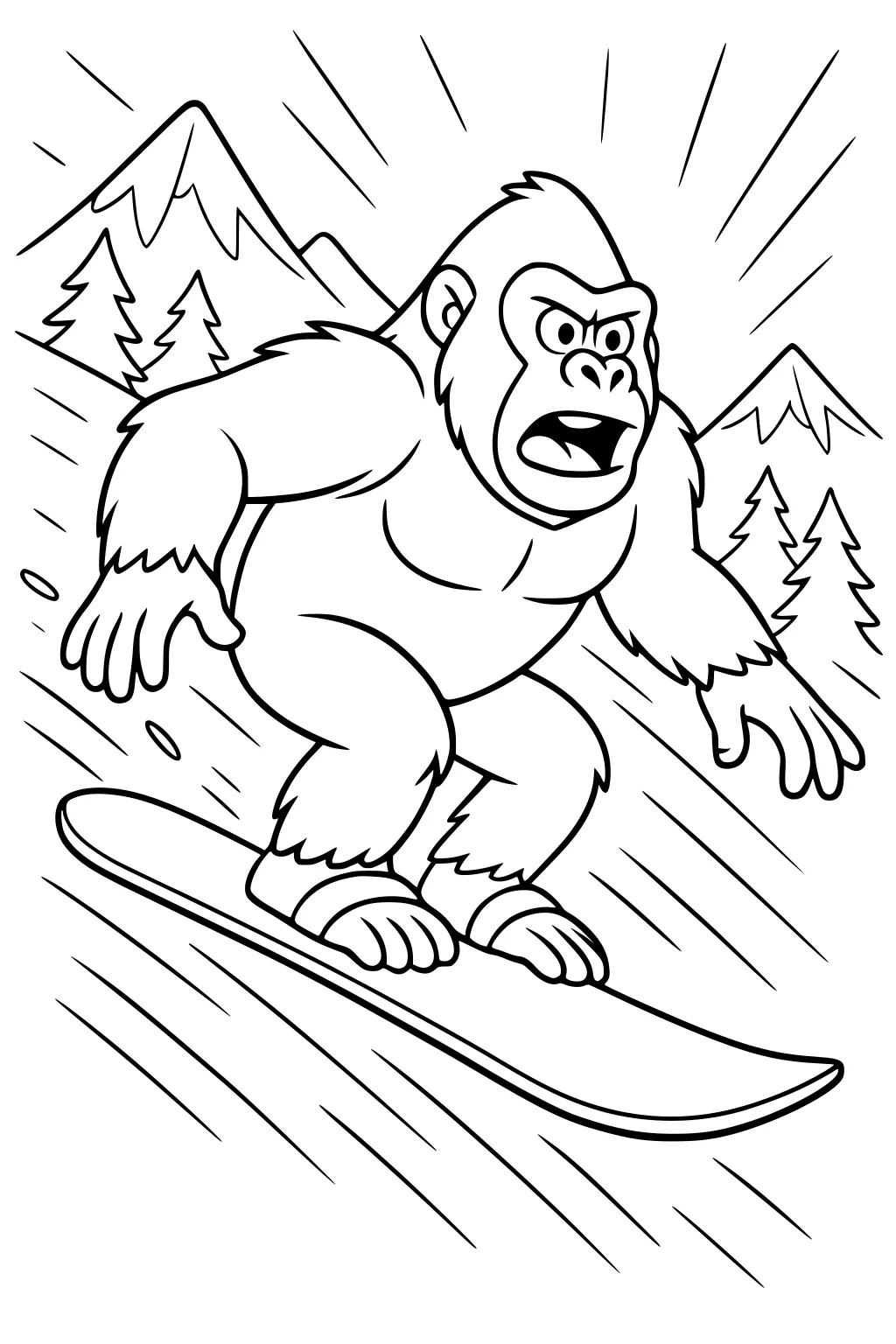 Large gorilla snowboarding down a hill with trees and mountains behind him, mouth open in excitement.