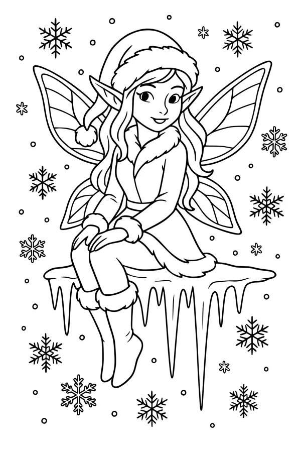 Free Winter Fairy Coloring Page - Snowflake Elf on Icicle Throne (Printable PDF)