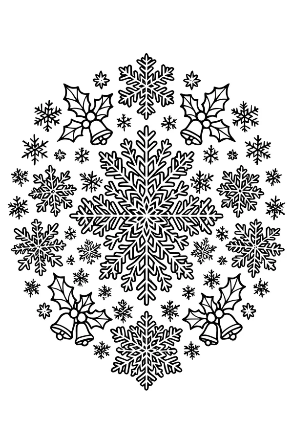 Free Christmas Mandala Coloring Page - Holly, Snowflakes, and Jingle Bells (Printable PDF)