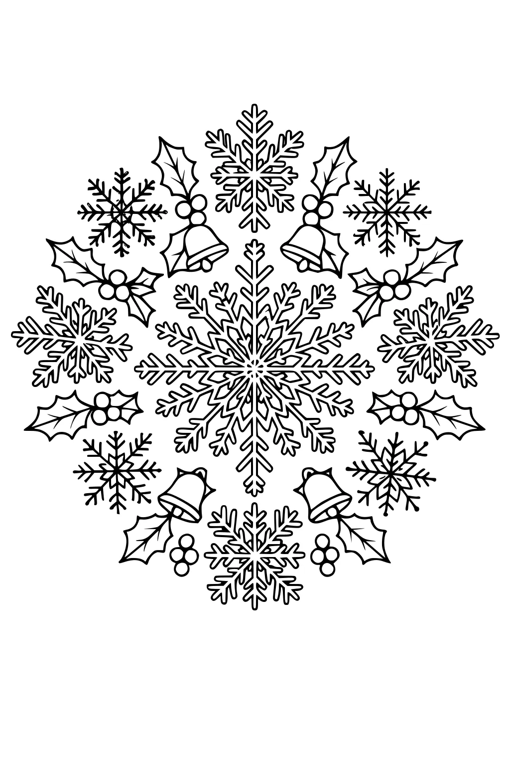 Circular snowflake wreath with holly, berries, and bells; a large central flake with smaller flakes arranged symmetrically around it.