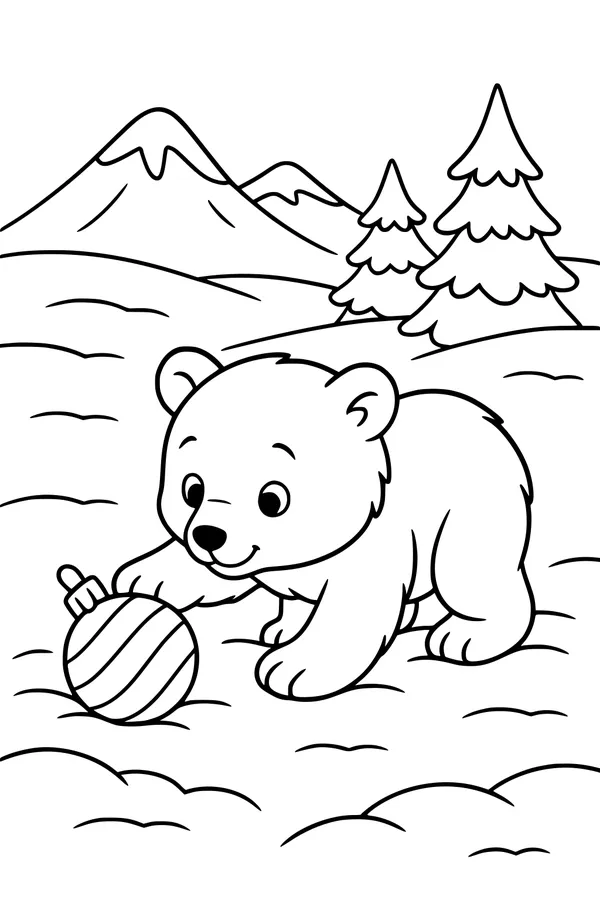 Free Bear Cub Christmas Coloring Page - Snowy Ornament Playtime (Printable PDF)
