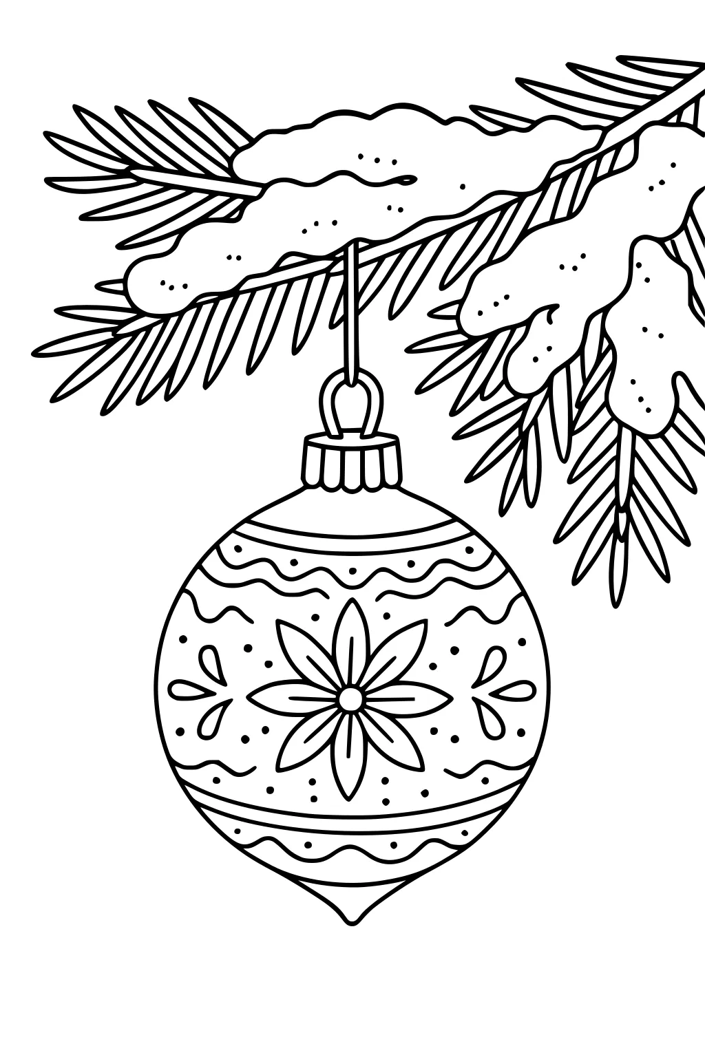 Christmas ornament with floral pattern hanging from a snowy pine branch, detailed needles, hook and cap, winter line art.