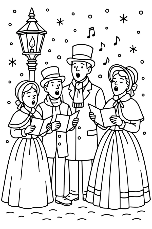 Free Christmas Carolers Coloring Page - Victorian Singers in the Snow (Printable PDF)