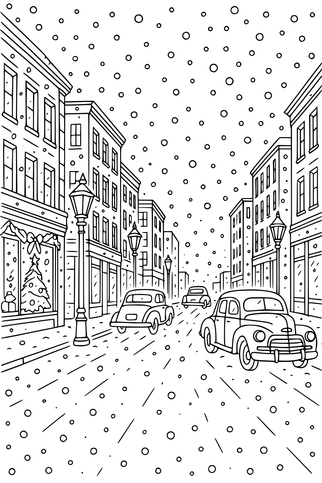 Snow falls on an old-town street with vintage cars, tall lampposts, and a shop window showing a decorated Christmas tree and gifts.
