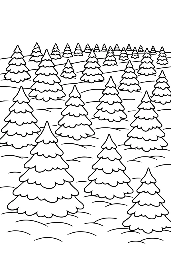 Free Christmas Tree Coloring Page - Snowy Evergreen Hills Scene (Printable PDF)