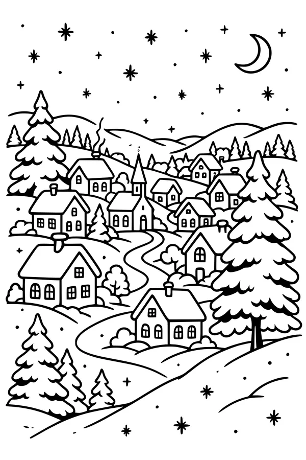 Free Christmas Village Coloring Page - Snowy Nighttime Town Scene (Printable PDF)