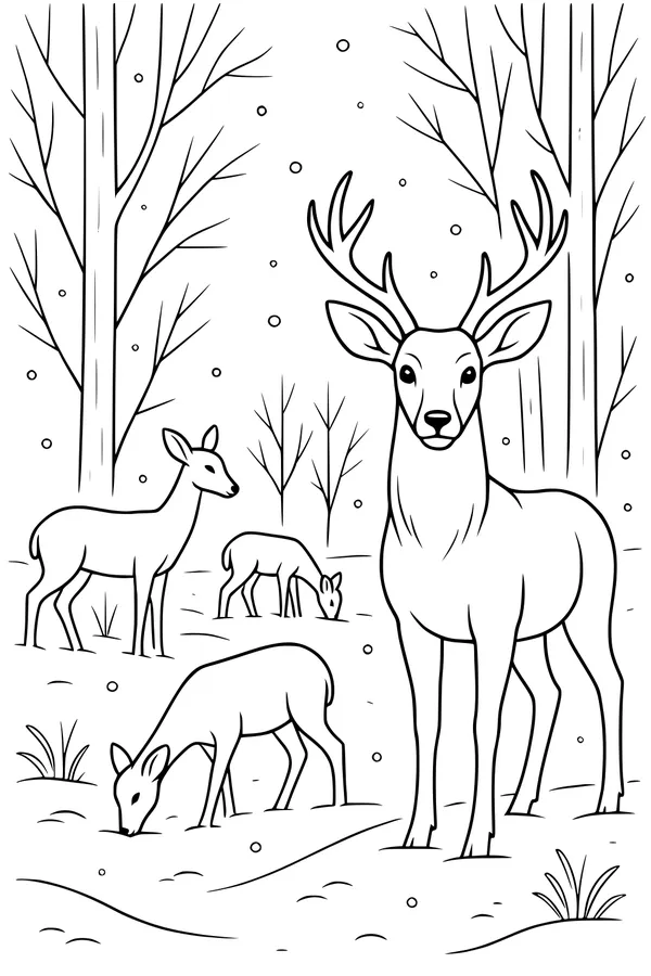 Free Deer Coloring Page - Winter Herd in Snowy Forest (Printable PDF)