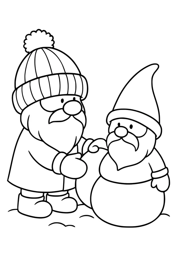 Free Gnome Coloring Page - Winter Gnomes Helping in the Snow (Printable PDF)