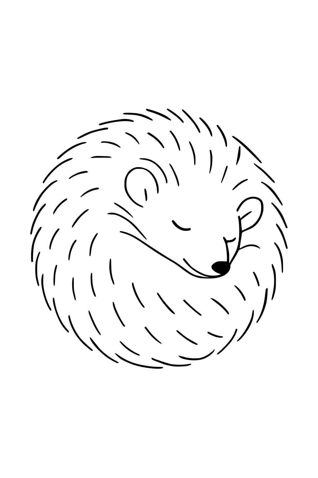 A sleeping hedgehog curled up into a round ball with closed eyes and visible ear, outlined in simple black lines.