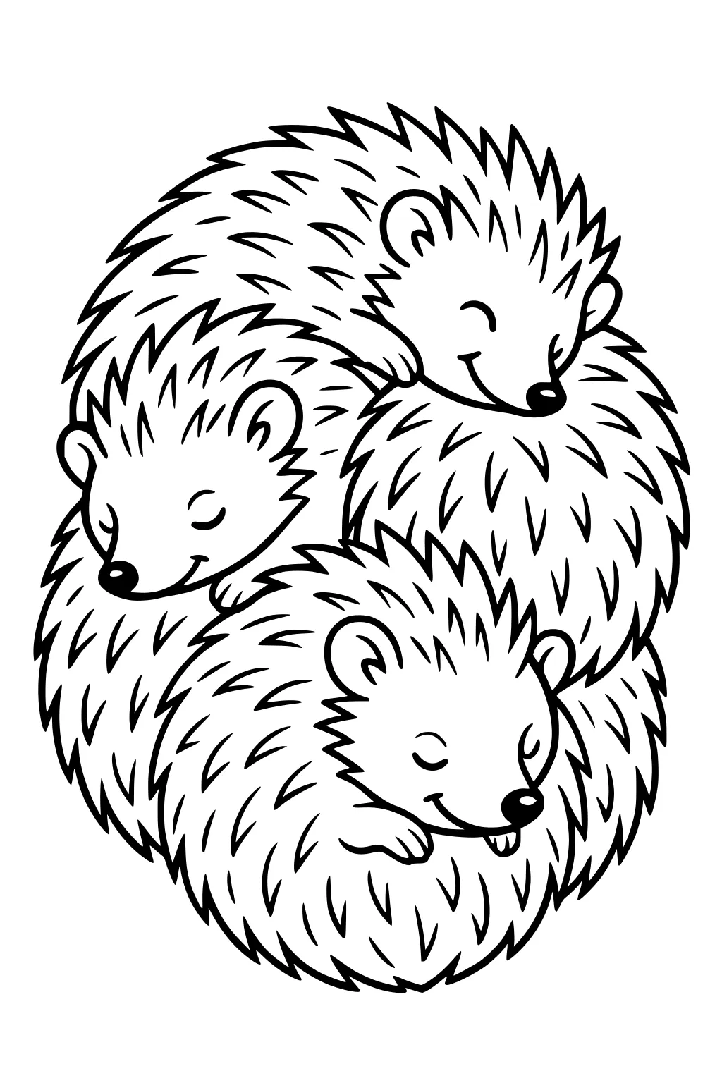 Three hedgehogs cuddled together in a round shape, sleeping with closed eyes and gentle smiles.
