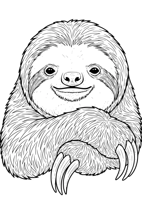Free Sloth Coloring Page - Smiling Shaggy Sloth With Crossed Arms (Printable PDF)