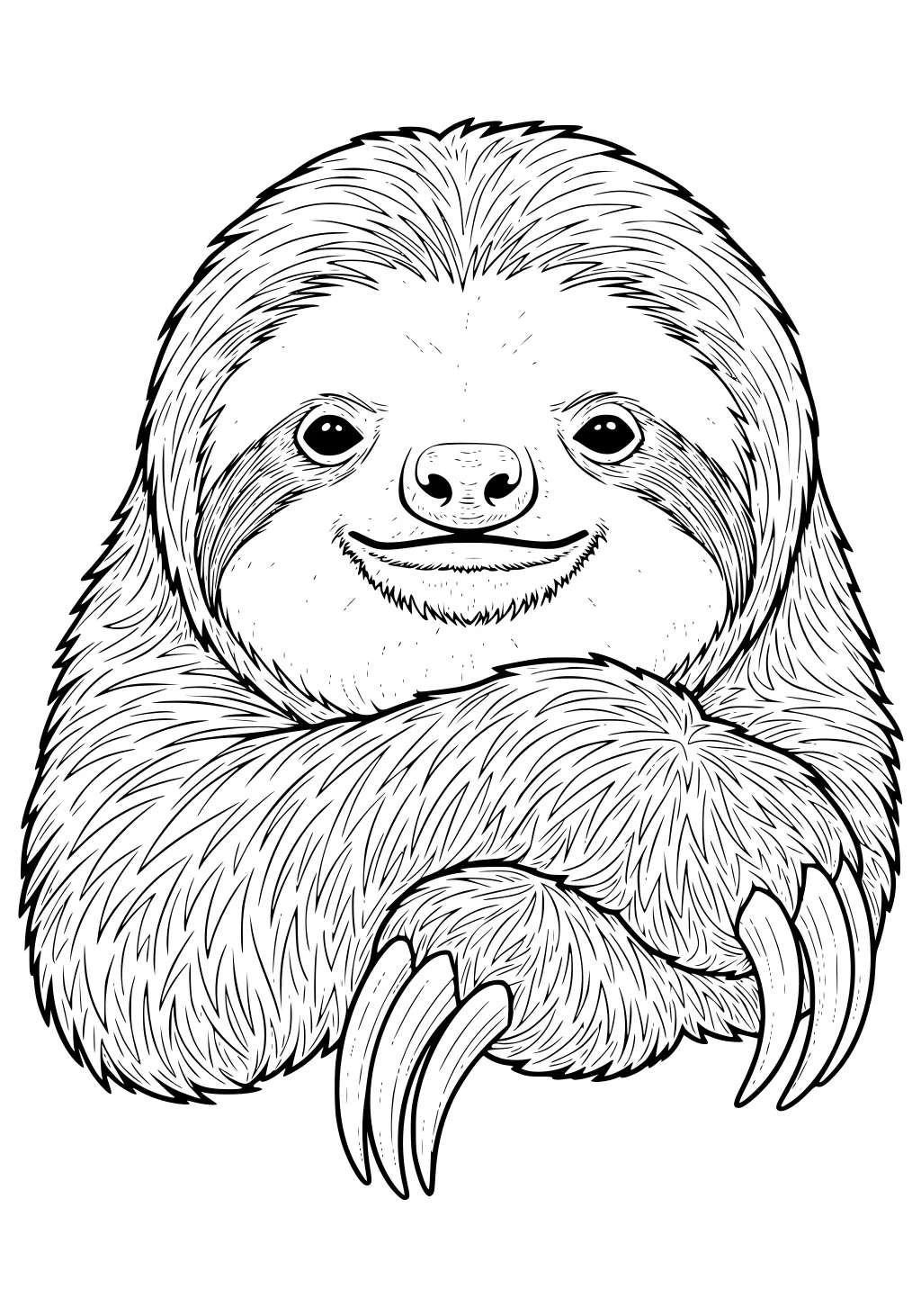 Smiling sloth with thick fur, crossed arms, and curved claws, facing forward with calm eyes and a gentle grin.