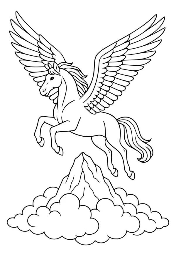 Free Pegasus Coloring Page - Winged Horse Above Mountain Clouds (Printable PDF)