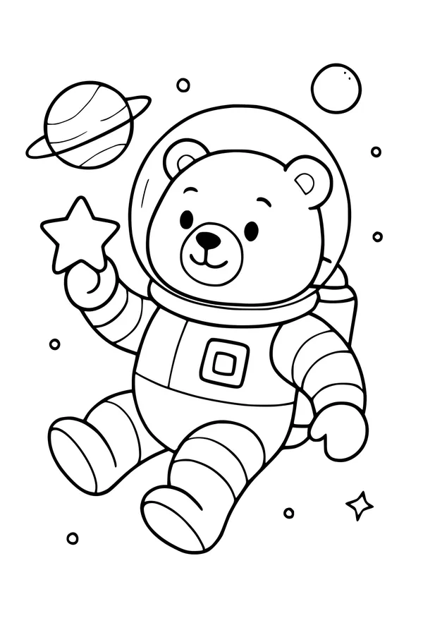 Free Teddy Bear Coloring Page - Cute Astronaut Floating in Space (Printable PDF)
