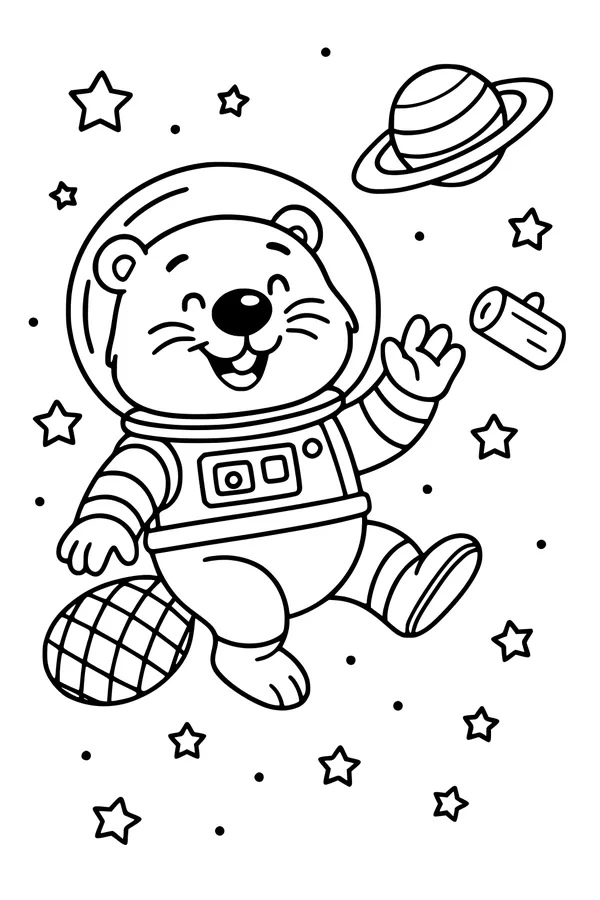 Free Beaver Coloring Page - Astronaut Beaver Floating in Space (Printable PDF)