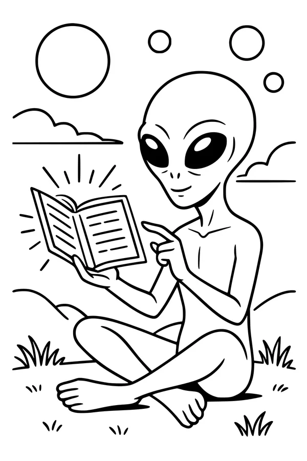 Free Alien Coloring Page - Cute Space Reader on a Hill (Printable PDF)