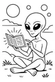 Free Alien Coloring Page - Cute Space Reader on a Hill (Printable PDF)