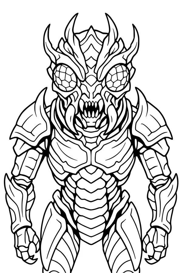 Free Alien Coloring Page - Armored Insectoid Space Guardian (Printable PDF)