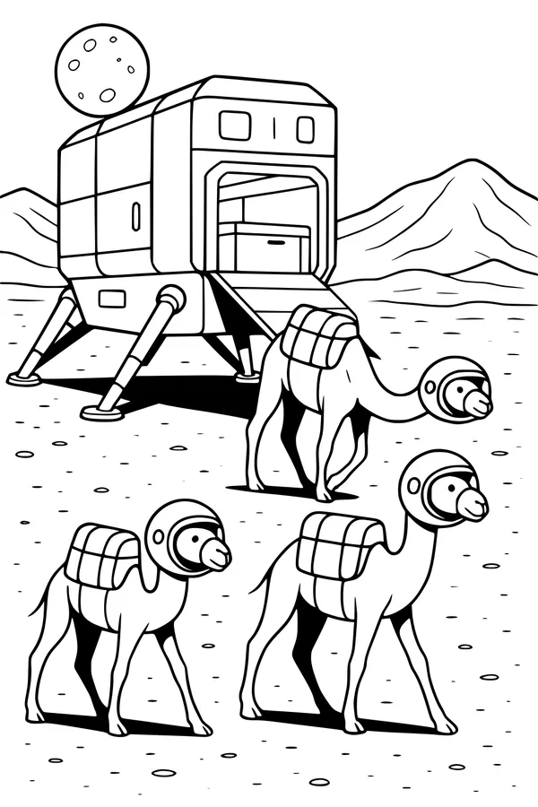 Free Camel Coloring Page - Space Camels on the Moon (Printable PDF)